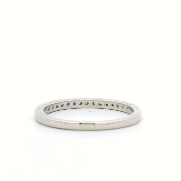 Estate 10K White Gold Single-Cut Diamond Engraved Wedding Band - 0.15 TCW Contemporary Design