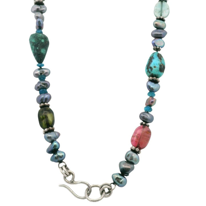 Estate Sterling Silver Turquoise, Pink Tourmaline, and Black Pearl Necklace