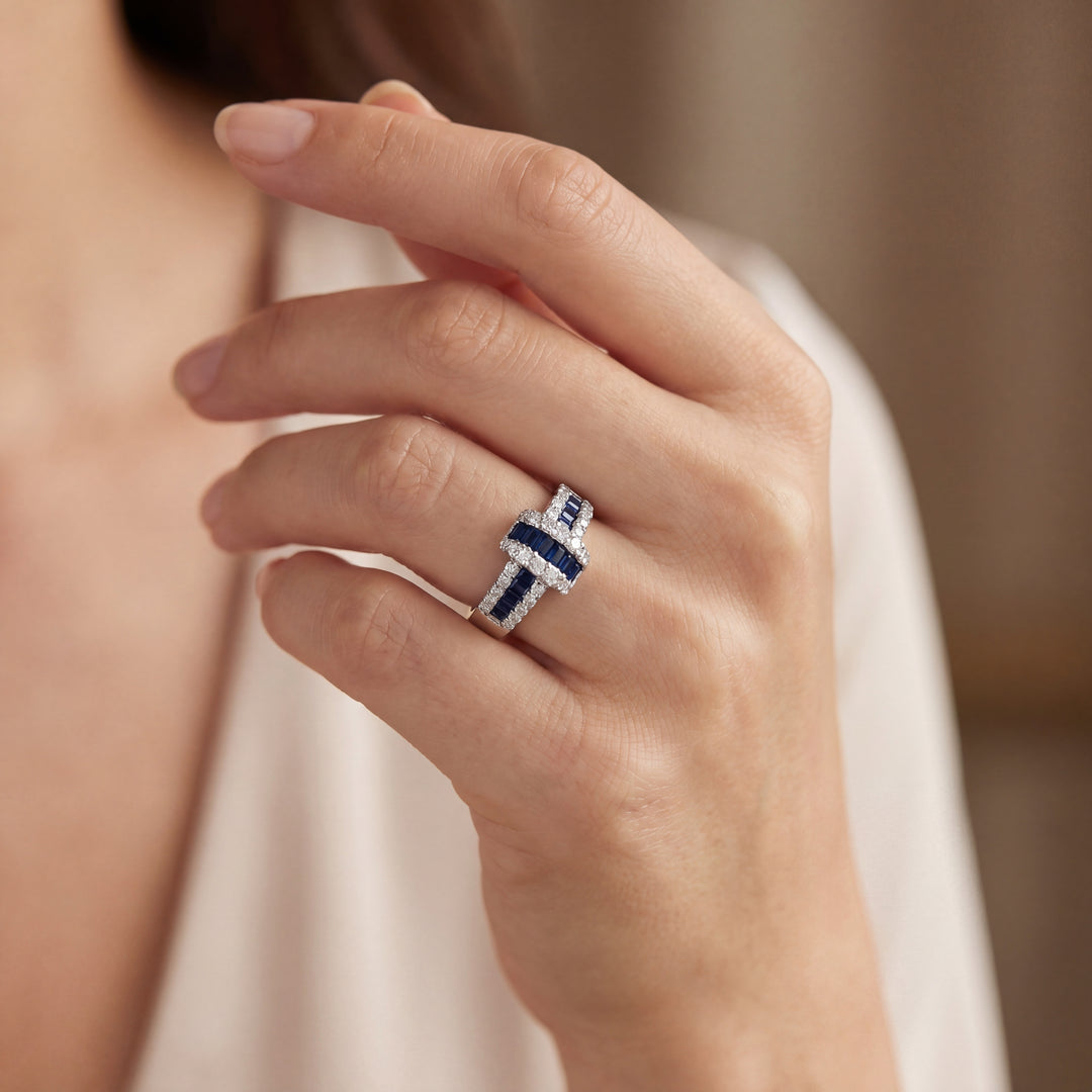 Estate 18K White Gold Baguette Blue Sapphire and Diamond Ring