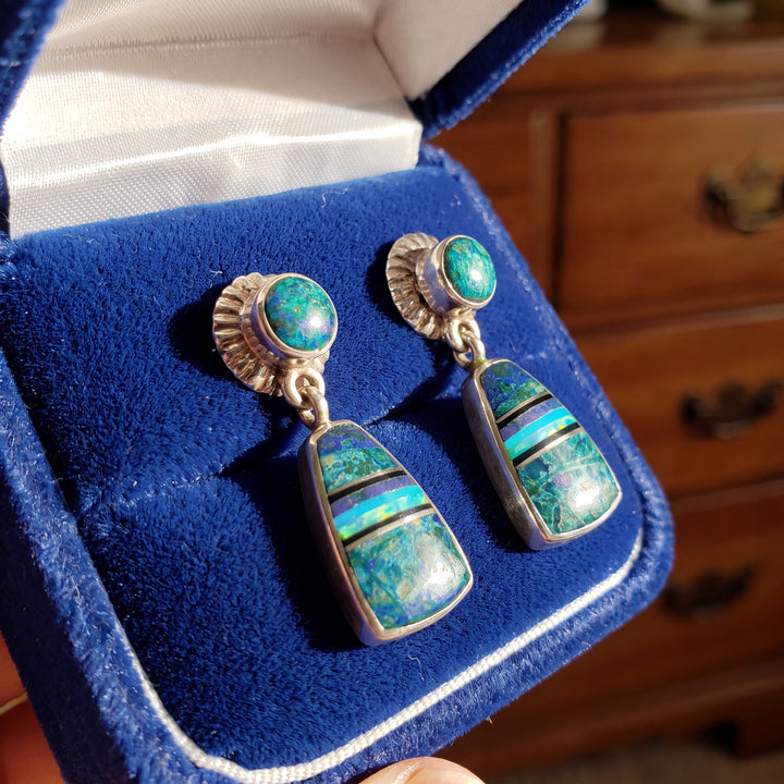 Estate Sterling Silver Multi Gemstone Inlay Drop Earrings