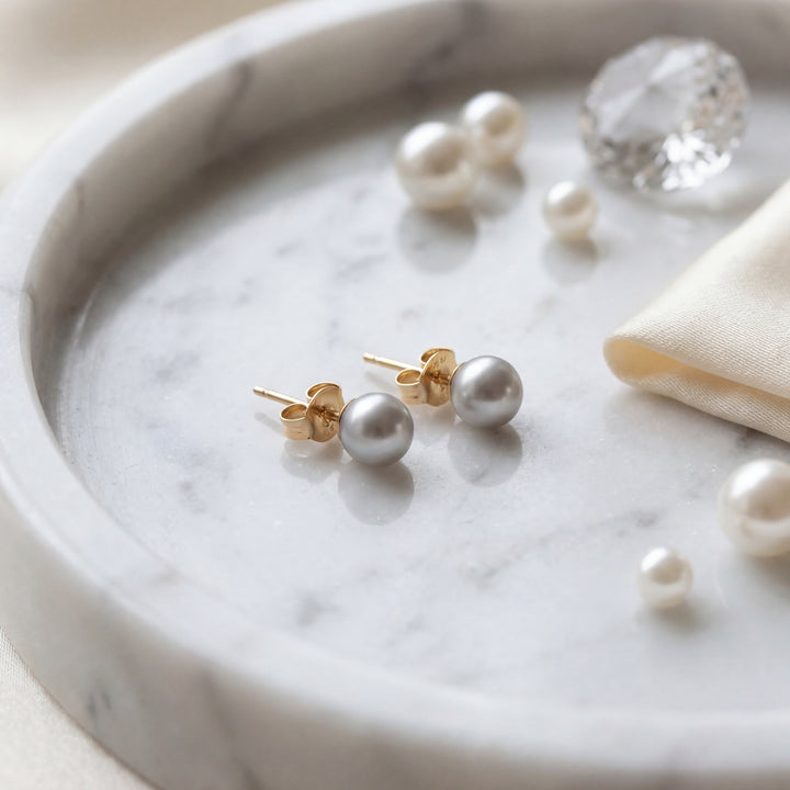 Estate 14K Yellow Gold 5MM Grey Freshwater Pearl Stud Earrings
