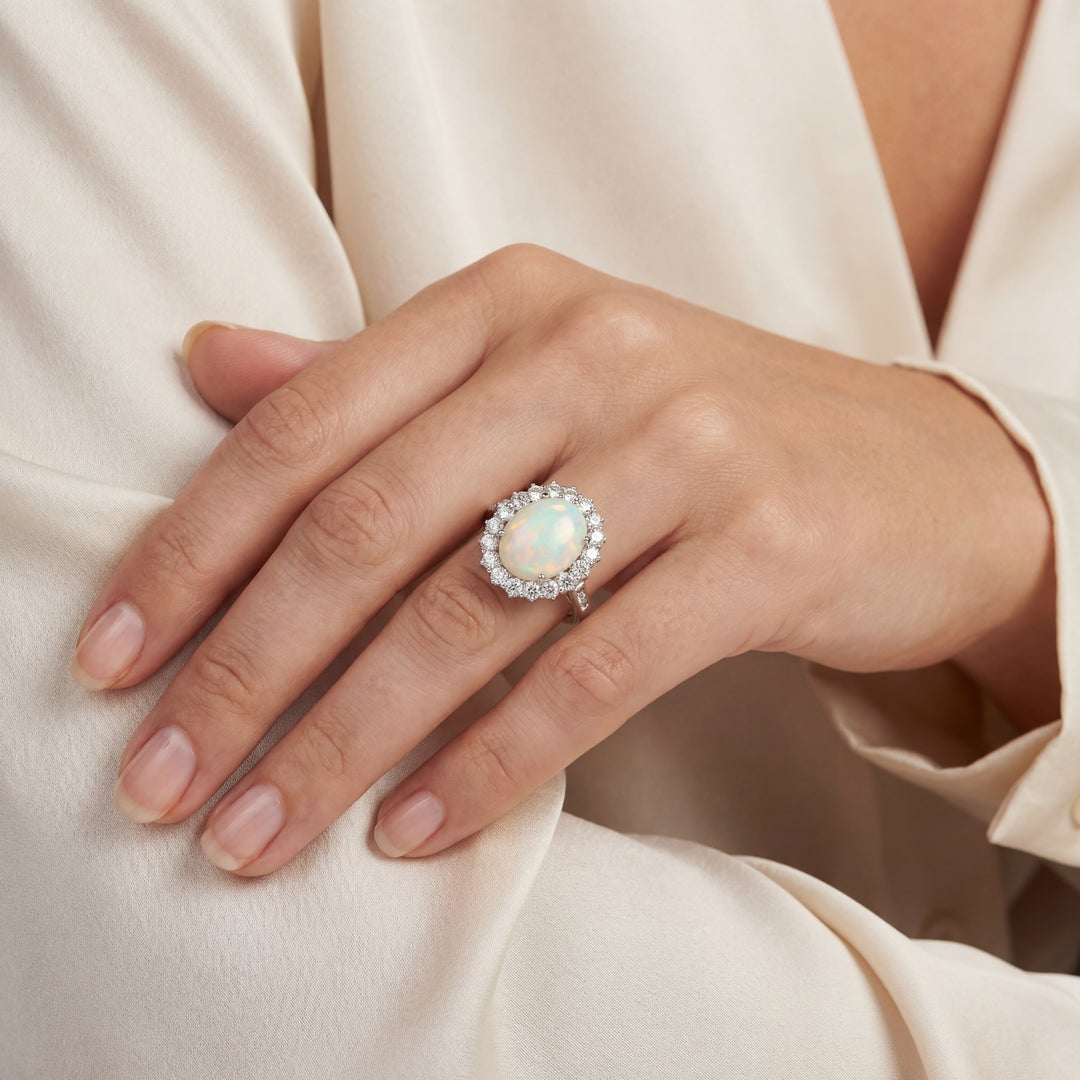 Estate Platinum 1.50CTW Opal & Diamond Halo Vintage Ring