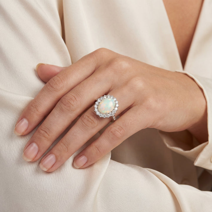 Estate Platinum 1.50CTW Opal & Diamond Halo Vintage Ring