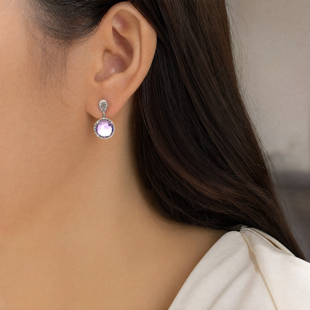 Estate Sterling Silver Briolette Amethyst & Diamond Drop Stud Earrings