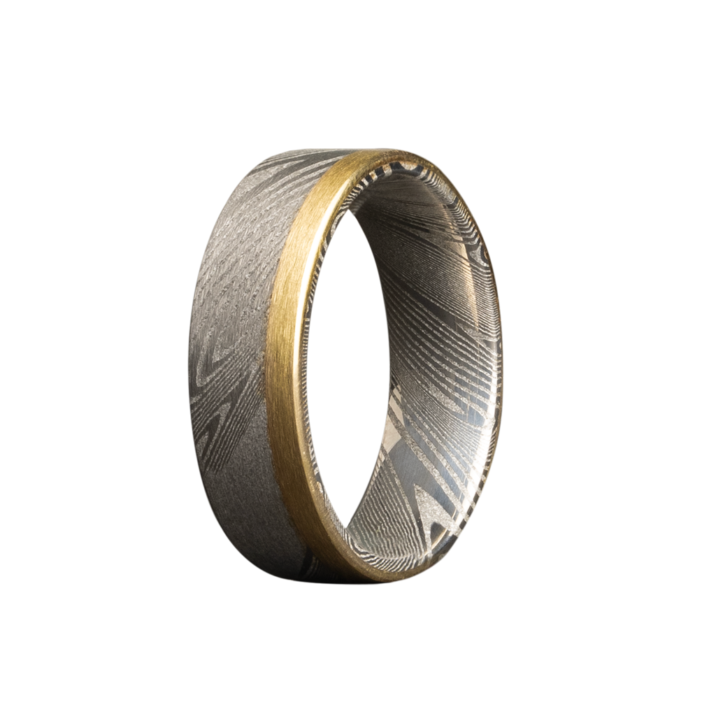 7mm Twisted Damascus Flat Men's Wedding Band - 14K Yellow Gold Edge Design by Heavy Stone Rings