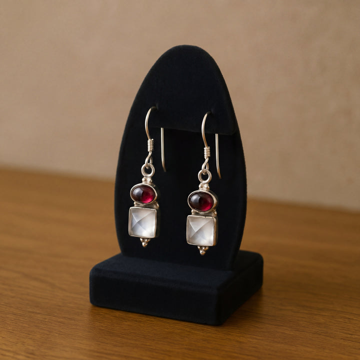 Estate Sterling Silver 2.60CTW Oval Cabochon Garnet & Square Sugarloaf Quartz Drop Earrings