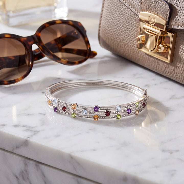 Estate Sterling Silver Diamond & Multi-Stone Hinged Bangle