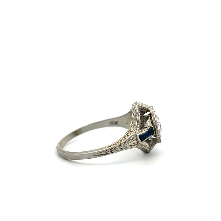 Estate 18K White Gold Old European Cut Diamond & Synthetic Blue Sapphire Art Deco Ring