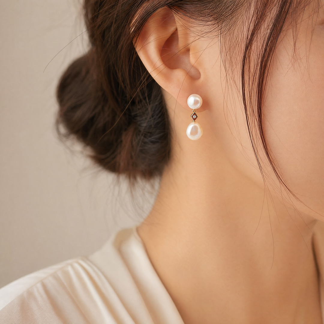Estate 14K Yellow Gold Double Cultured Pearl & Diamond Drop Earrings