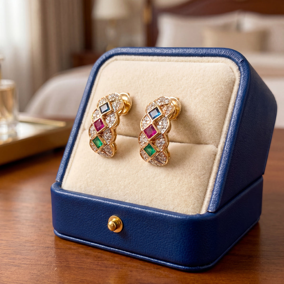 Estate 1980s 14K Yellow Gold Diamond, Emerald, Ruby & Sapphire Cluster Stud Earrings
