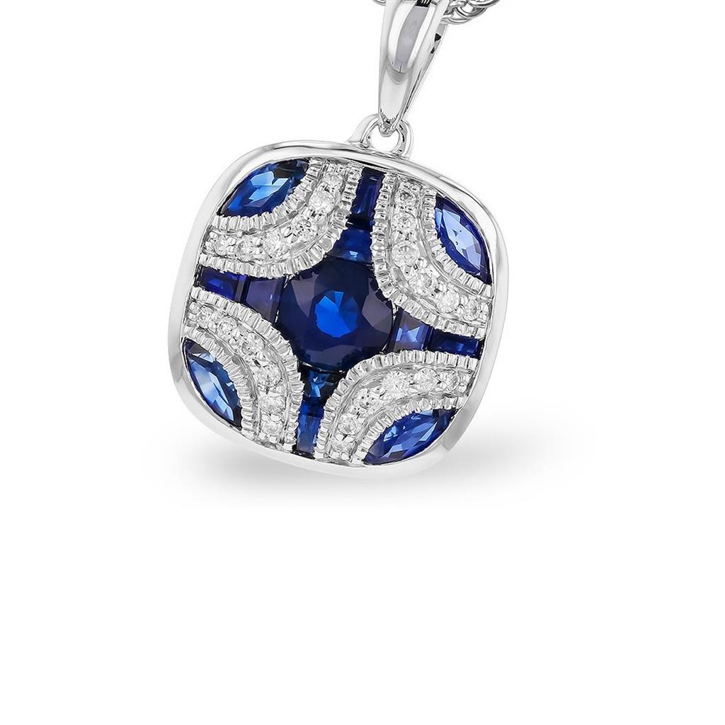 14K White Gold 0.97ctw Blue Sapphire & Diamond Art Deco Inspired Necklace by Allison Kaufman