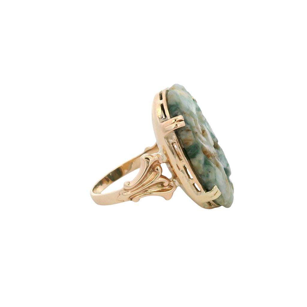 Estate 14K Yellow Gold Carved Jade Floral Ring