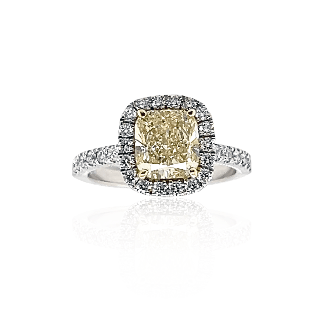 14K White Gold 2.54CTW Cushion-Cut Yellow Diamond Halo Engagement Ring