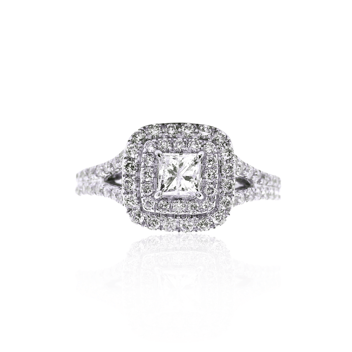 14K White Gold 1.00CTW Princess-Cut Diamond Double Halo Engagement Ring