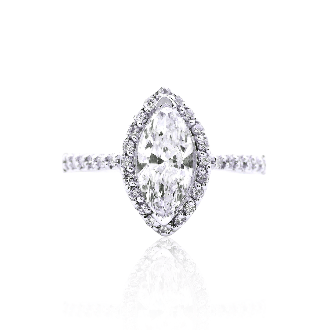 14K White Gold 1.25CTW Marquise Diamond Halo Engagement Ring