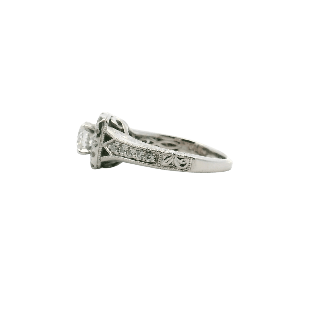 Estate 14K White Gold 0.73CTW Diamond Engraved Halo Engagement Ring