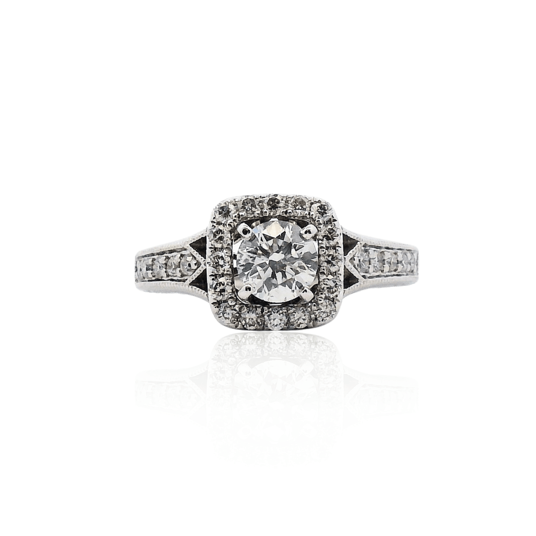 Estate 14K White Gold 0.73CTW Diamond Engraved Halo Engagement Ring