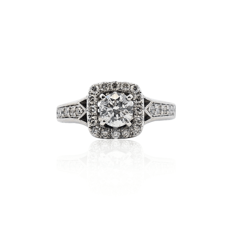 Estate 14K White Gold 0.73CTW Diamond Engraved Halo Engagement Ring