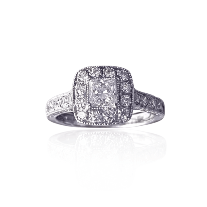 Estate 14K White Gold 0.95CTW Princess-Cut Diamond Halo Engagement Ring
