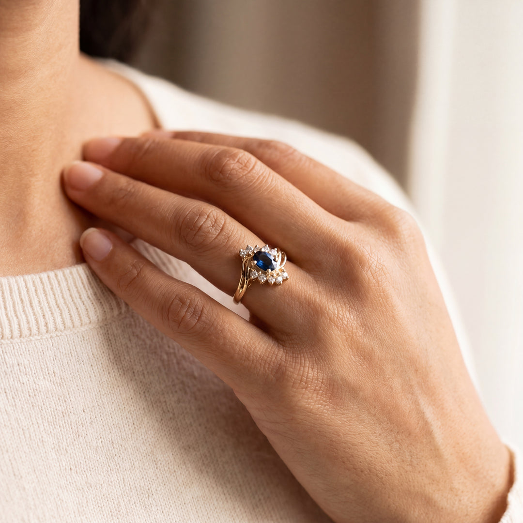 Estate 14K Yellow Gold 0.73CTW Oval Blue Sapphire and Diamond Bypass Ring