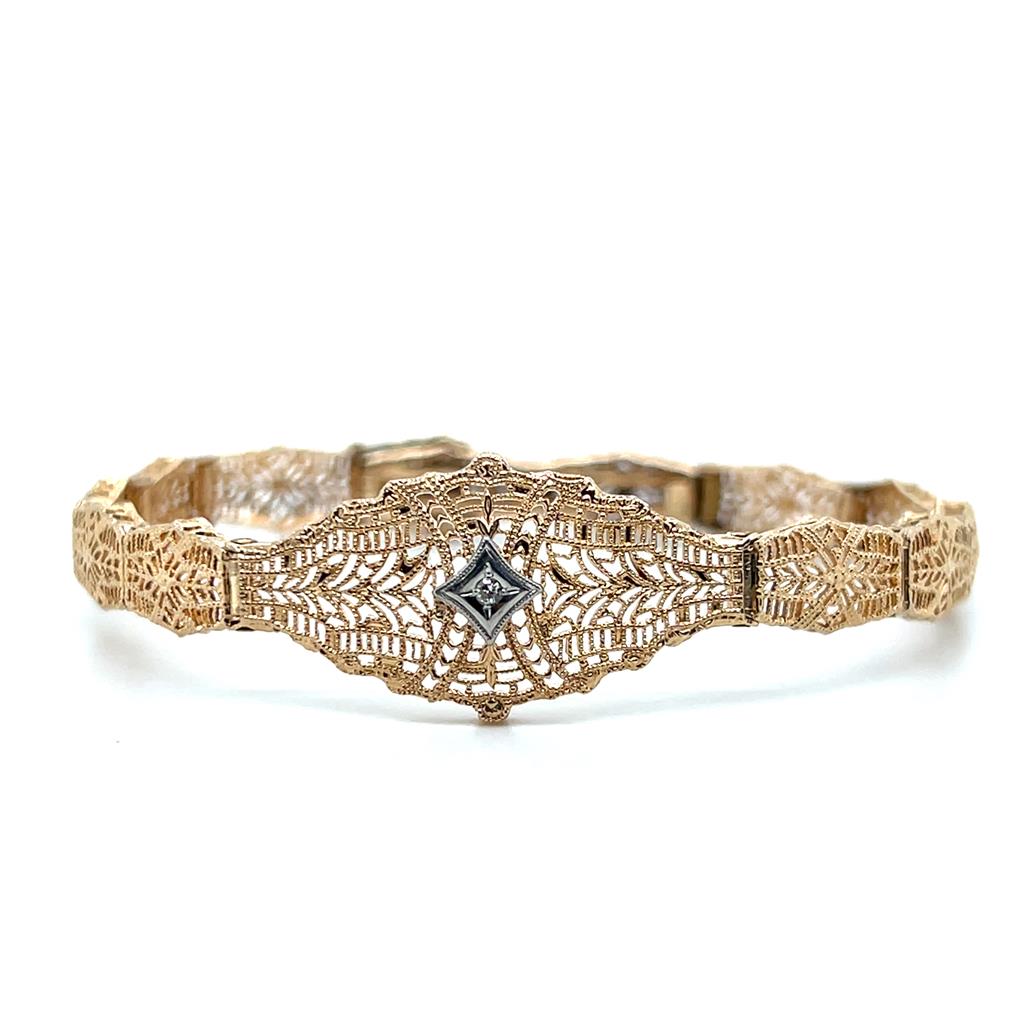 Estate 10K Yellow Gold 0.02ctw Diamond Filigree Art Deco Bracelet