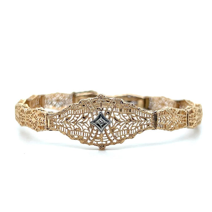 Estate 10K Yellow Gold 0.02ctw Diamond Filigree Art Deco Bracelet