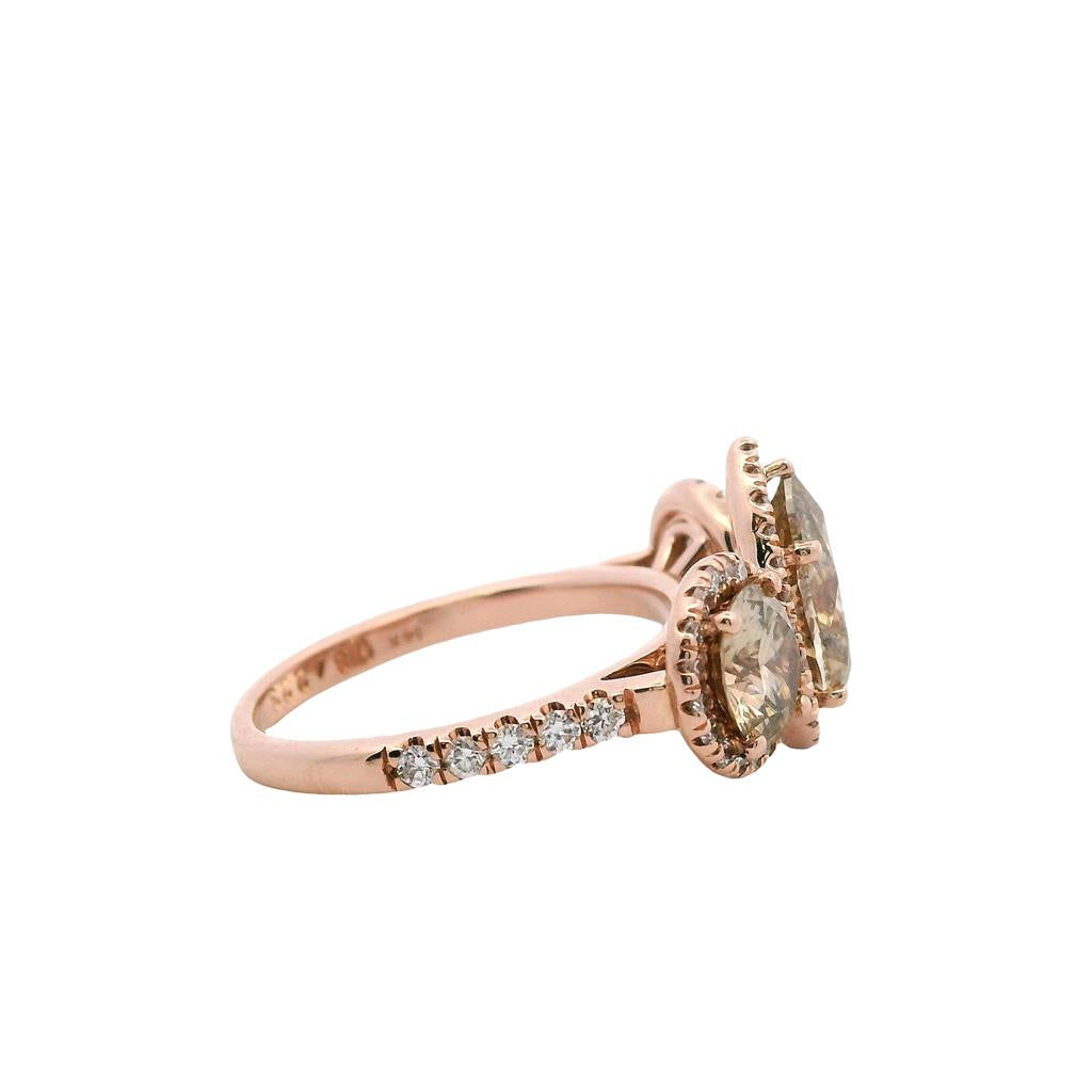 Estate 14K Rose Gold 3.24ctw Brown Diamond Three Stone Halo Engagement Ring