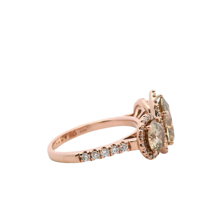 Estate 14K Rose Gold 3.24ctw Brown Diamond Three Stone Halo Engagement Ring
