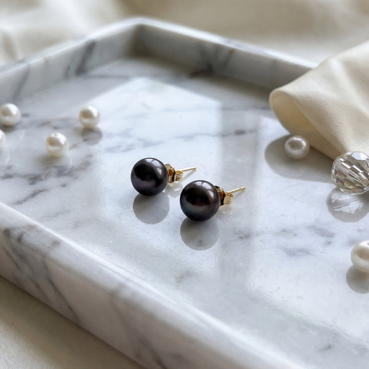 Estate 14K Yellow Gold 8MM Black Freshwater Button Pearl Stud Earrings