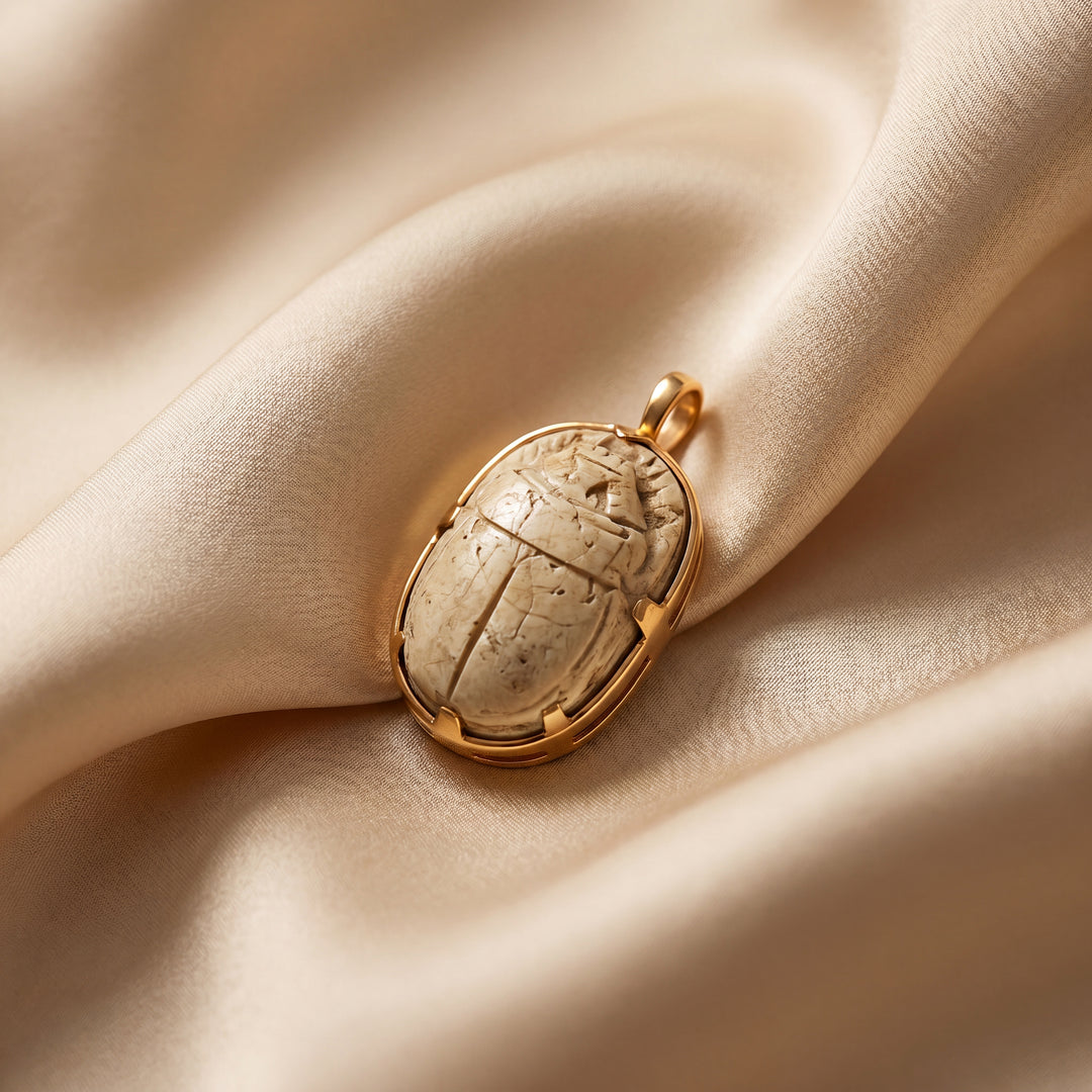 Estate Art Deco 14K Yellow Gold Carved Volcanic Rock Scarab Brooch & Pendant