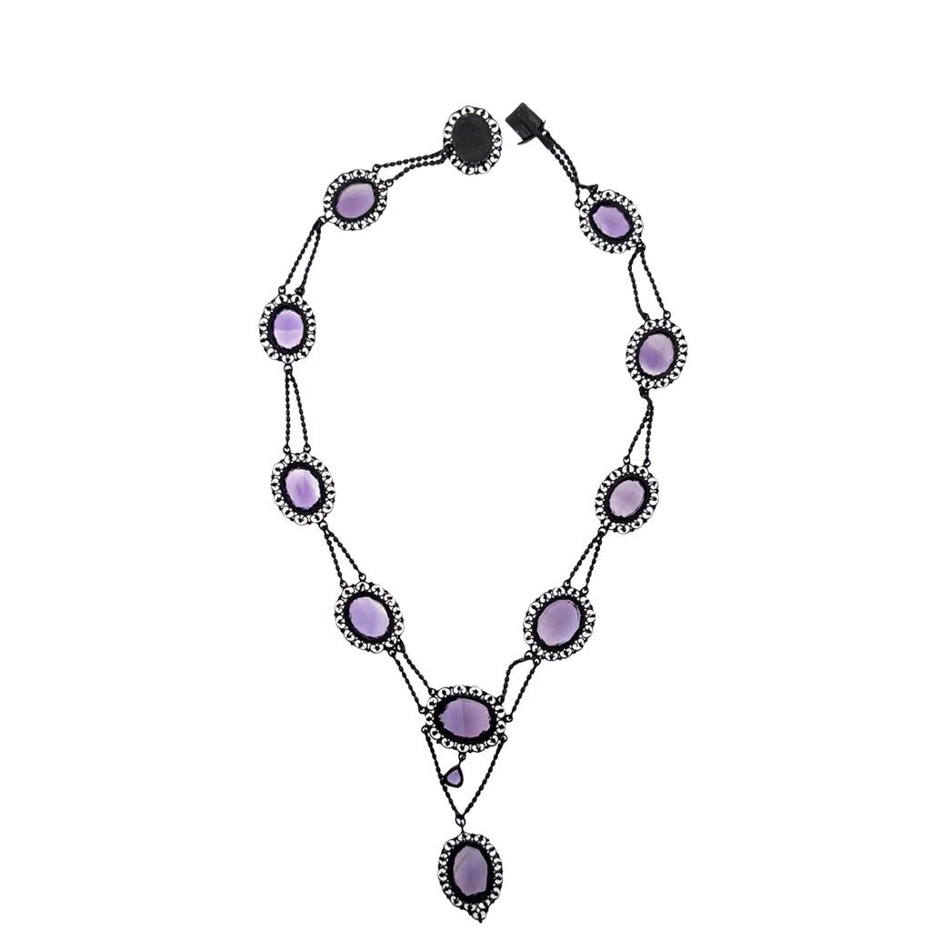 Antique Sterling Silver Amethyst Festoon Necklace - Victorian Gemstone Statement Piece