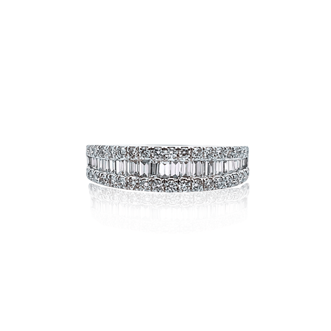 14K White Gold 0.93CTW Round & Baguette Diamond Band