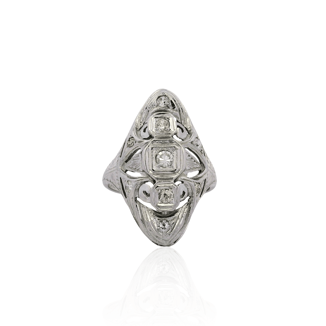 Estate 18K White Gold 0.45CTW Diamond Art Deco Navette Ring