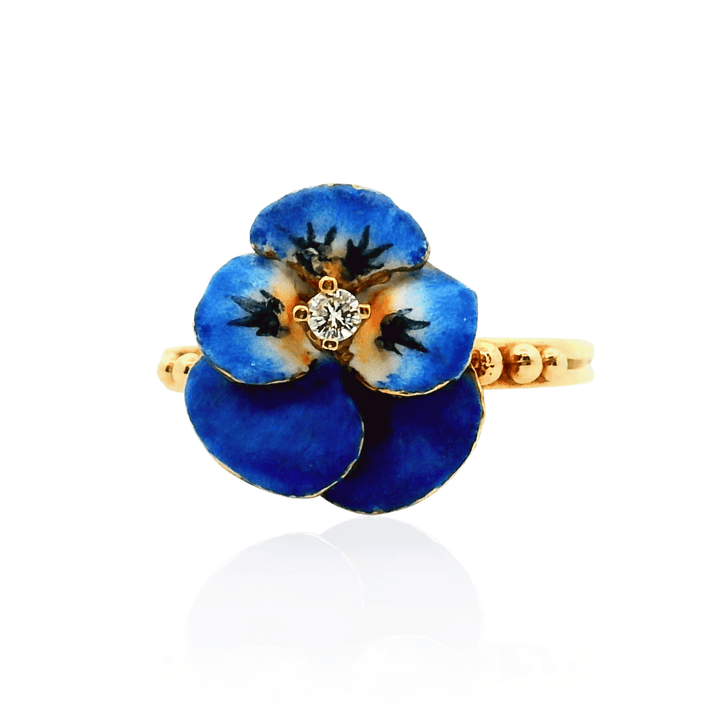 Estate 14K Yellow Gold Diamond Painted Pansy Ring