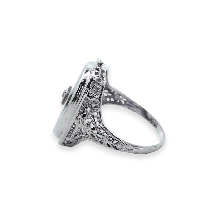 Estate Art Deco 14K White Gold Diamond & Oval Rock Crystal Filigree Ring