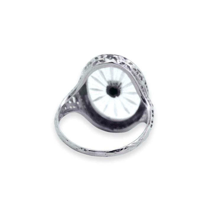 Estate Art Deco 14K White Gold Diamond & Oval Rock Crystal Filigree Ring