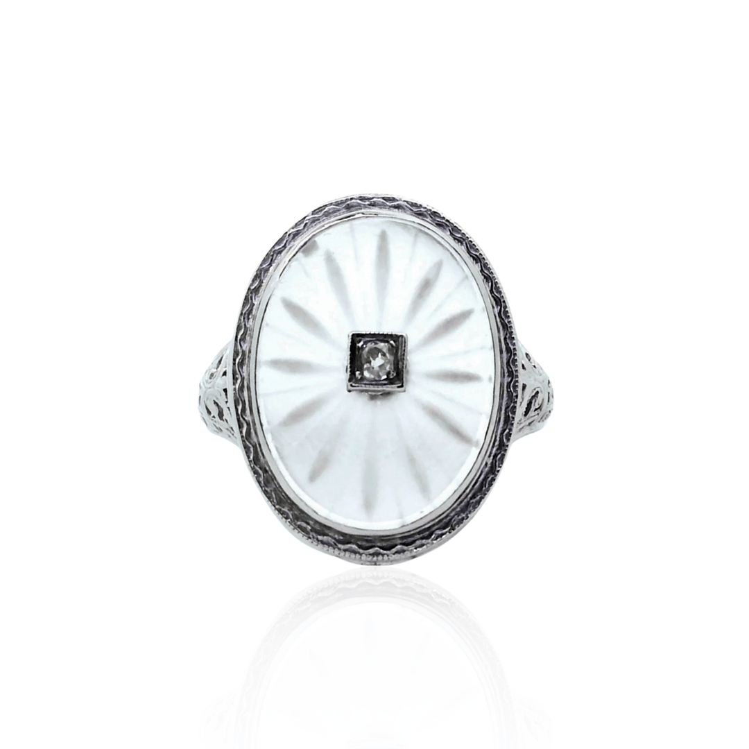 Estate Art Deco 14K White Gold Diamond & Oval Rock Crystal Filigree Ring