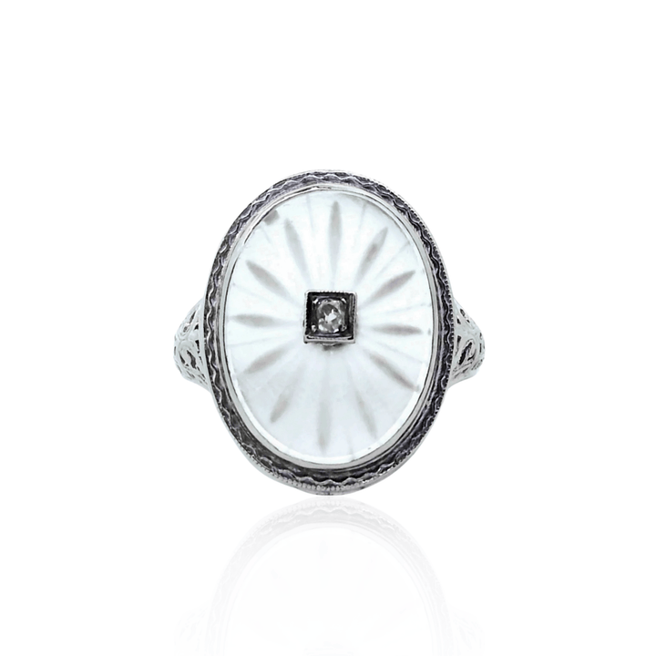 Estate Art Deco 14K White Gold Diamond & Oval Rock Crystal Filigree Ring