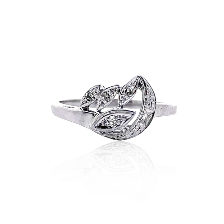 Estate 1950s 14K White Gold 0.10CTW Diamond Leaf Motif Ring