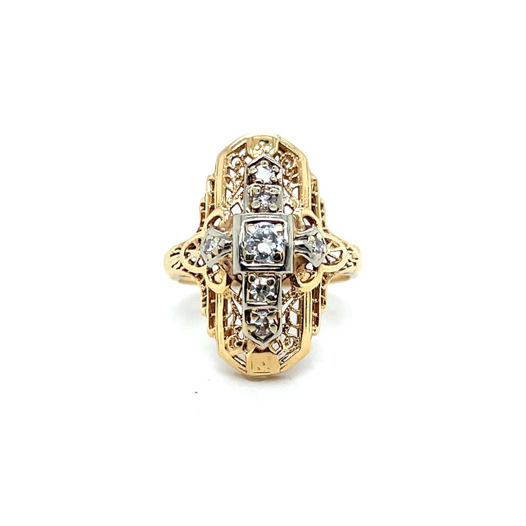 Estate 14K Yellow and White Gold Art Deco Diamond Dinner Ring - 0.34 TCW 1930's Vintage