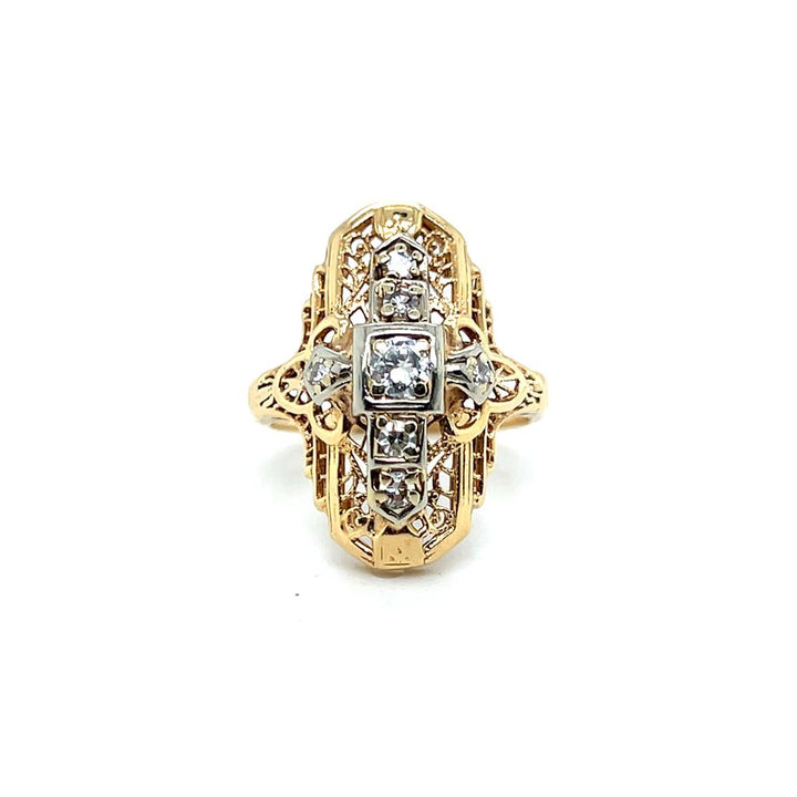Estate 14K Yellow and White Gold Art Deco Diamond Dinner Ring - 0.34 TCW 1930's Vintage