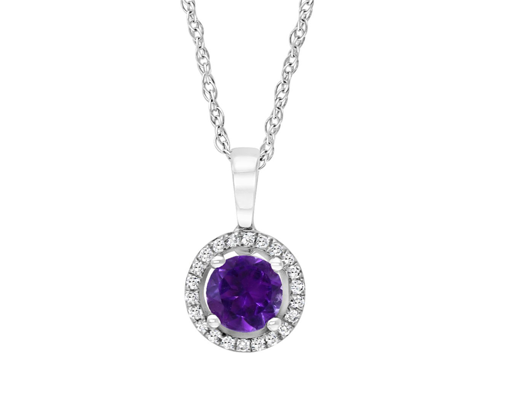 14K White Gold 0.57ctw Amethyst & Diamond Halo Necklace