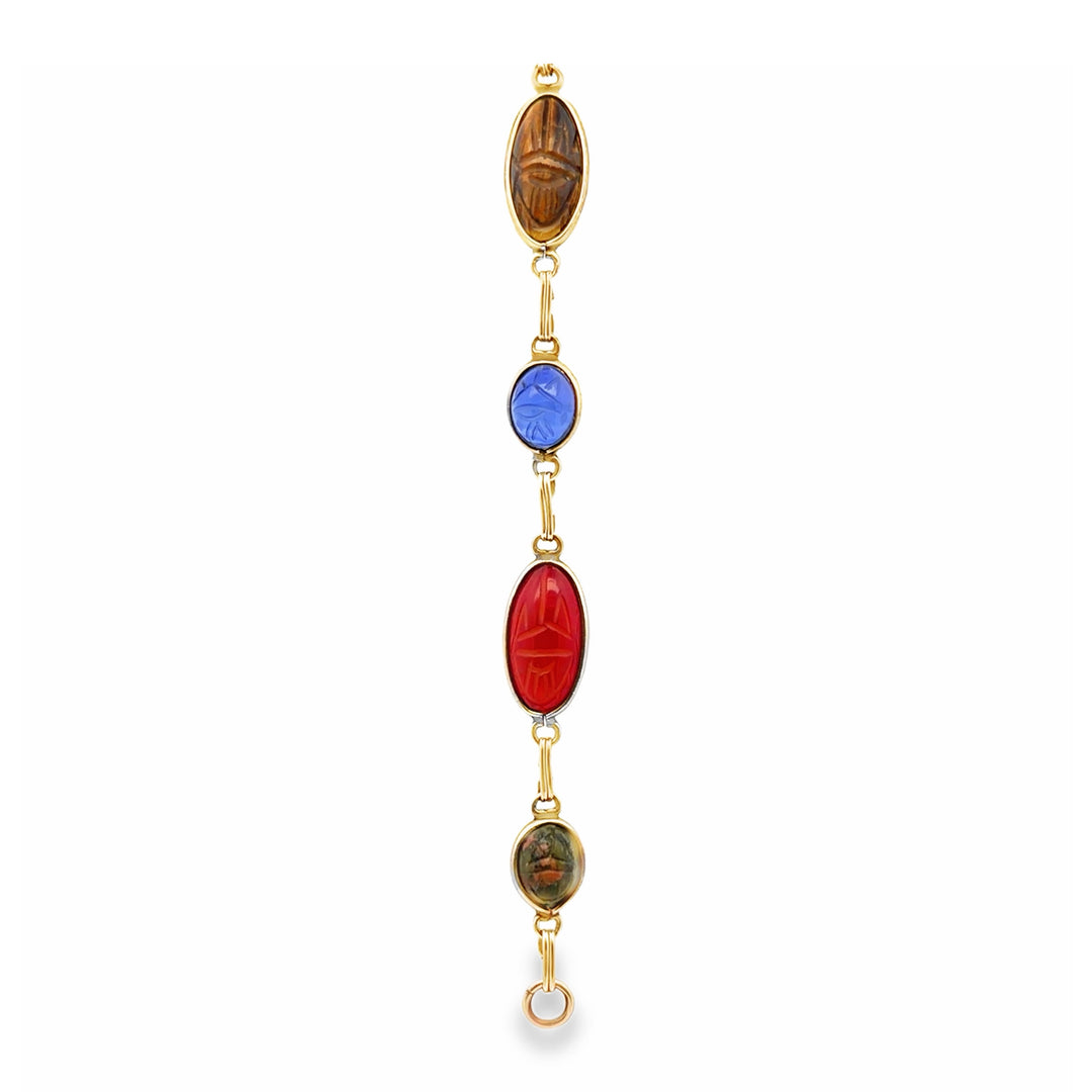 Estate Gold Filled Multi-Gemstone Carved Scarab Bracelet 8"
