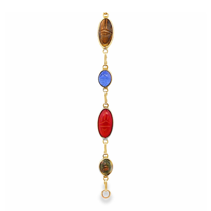 Estate Gold Filled Multi-Gemstone Carved Scarab Bracelet 8"