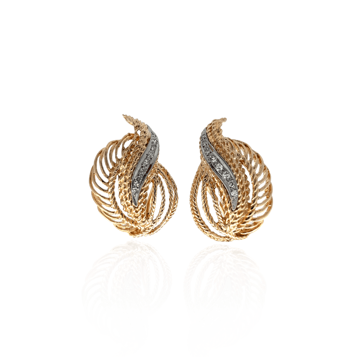 Estate 14K Two-Tone Gold 0.20CTW Diamond Feather Stud Earrings