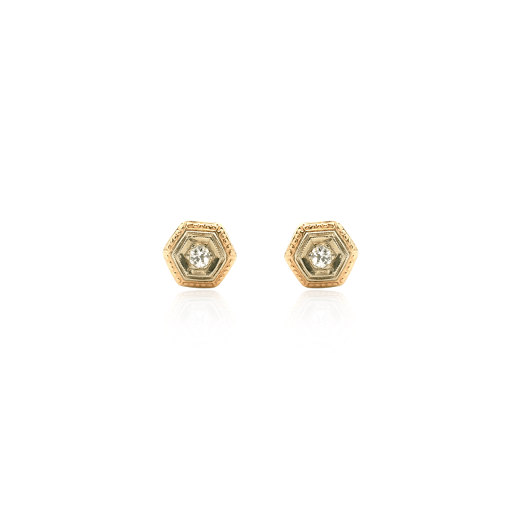 Estate 14K Two-Tone Gold 0.10CTW Old European-Cut Diamond Art Deco Stud Earrings