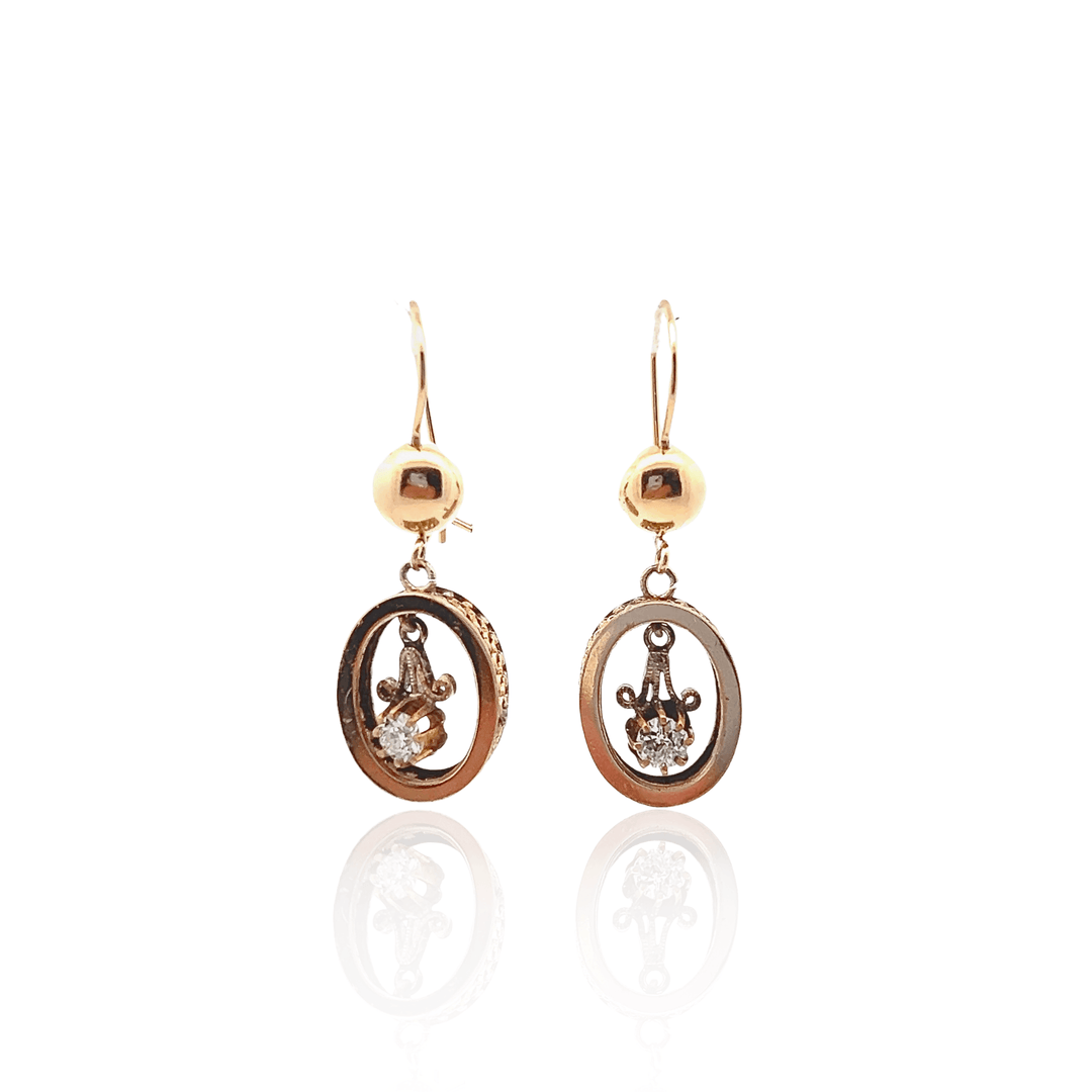 Estate 14K Yellow Gold & Gold Filled Diamond Open Oval Vintage Drop Earrings