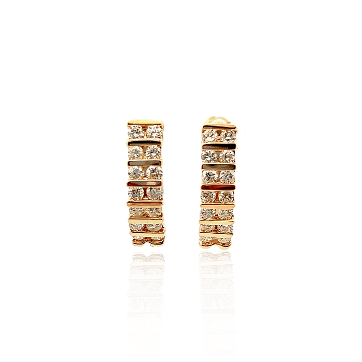 Estate 14K Yellow Gold 1.26CTW Diamond Double Row J Hoop Earrings