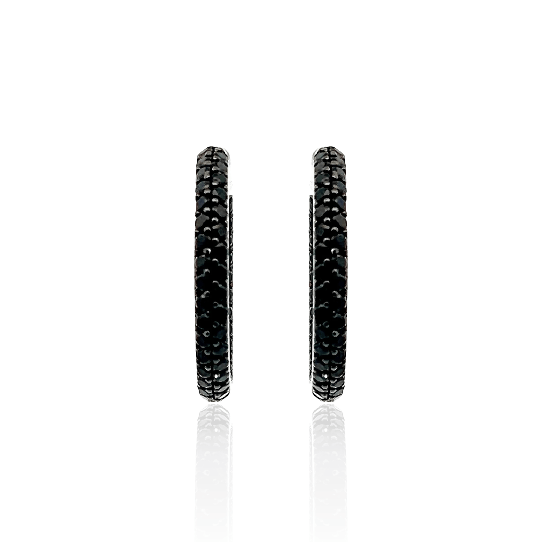 Estate Sterling Silver Round Brilliant Black Diamond Hoop Earrings