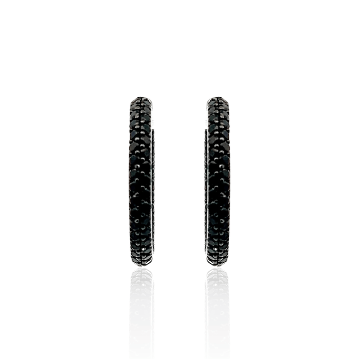 Estate Sterling Silver Round Brilliant Black Diamond Hoop Earrings